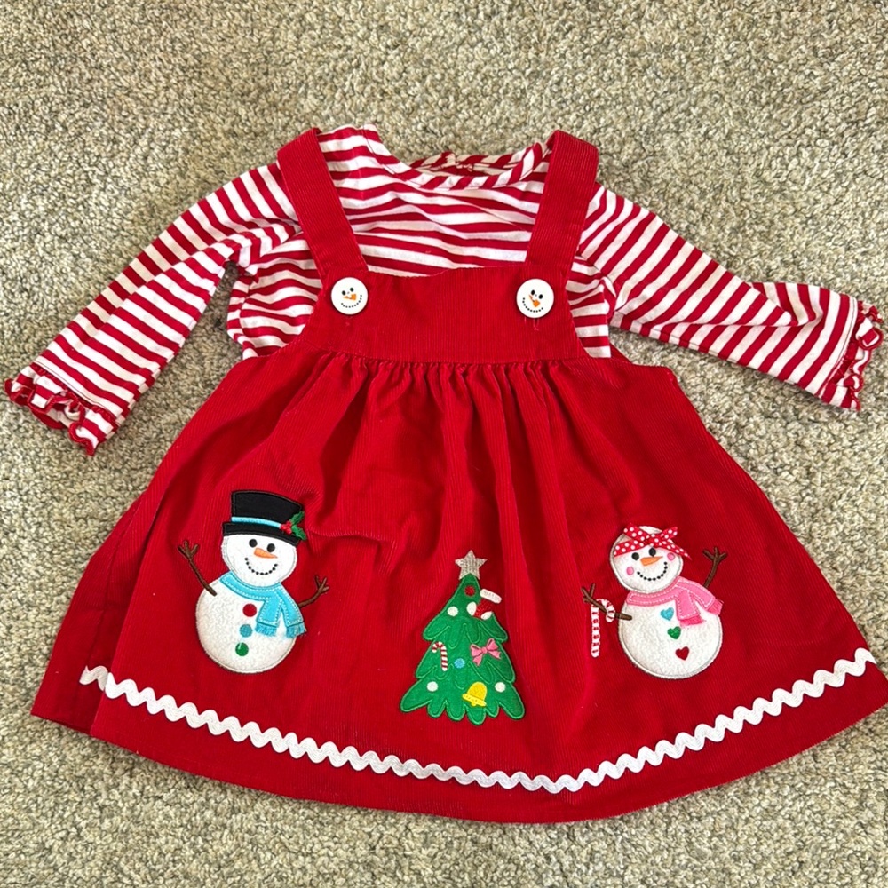 Red Holiday Dress with Snowman and Tree Appliqué